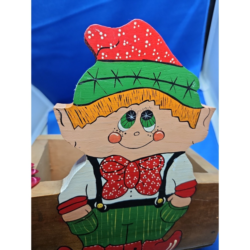 Wood Elf Christmas Card Box Folk Art Handcrafted Hand Painted Kitsch Vintage 9" - Picture 11 of 11